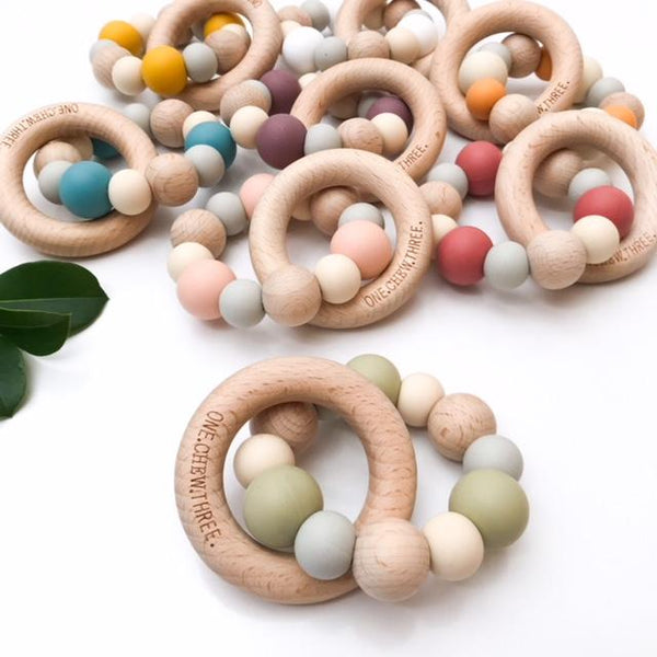 Natural Wooden Ring Silicone Beads Baby Teething Sensory Bracelets Teether  Toys