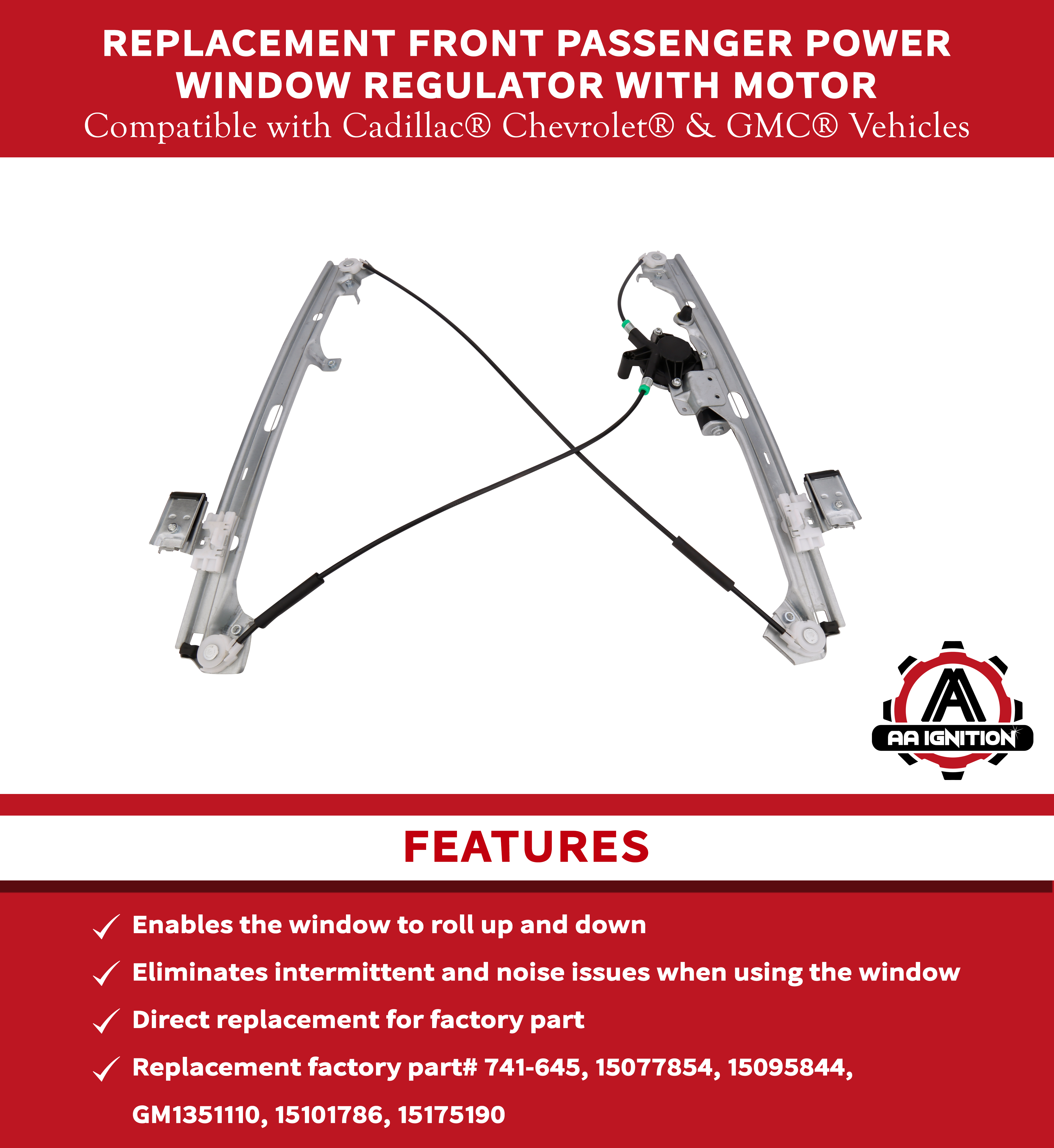 Front Passenger Power Window Regulator with Motor - Replaces 741-645 - Fits  Cadillac, Chevy & GMC Vehicles