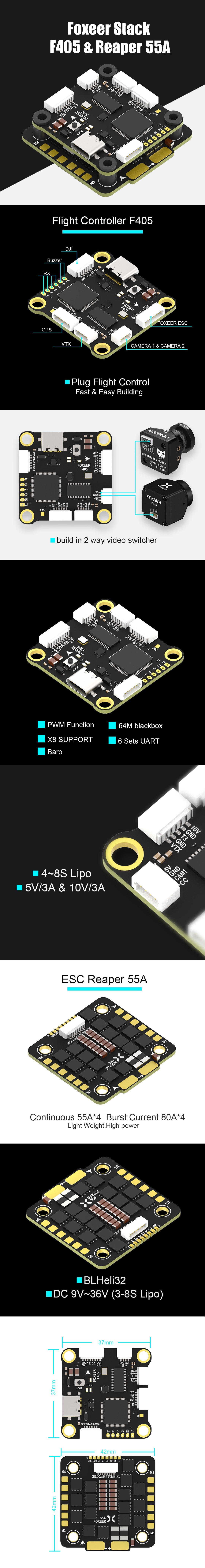 Foxeer F405 V2 Flight Controller Reaper 55A ESC 8S Stack