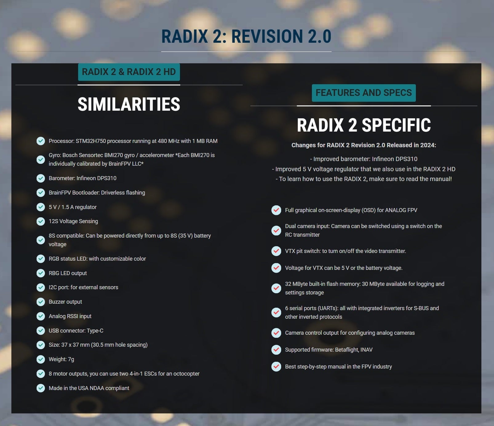 BrainFPV Radix 2 8S H7 Flight Controller Rev 2.0