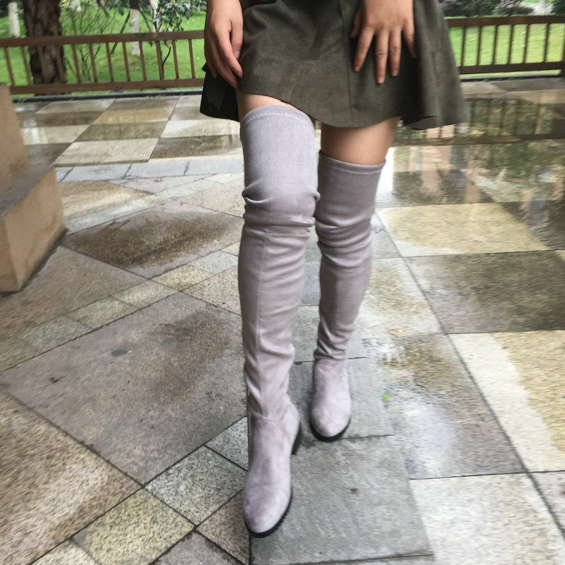 grey flat over the knee suede boots