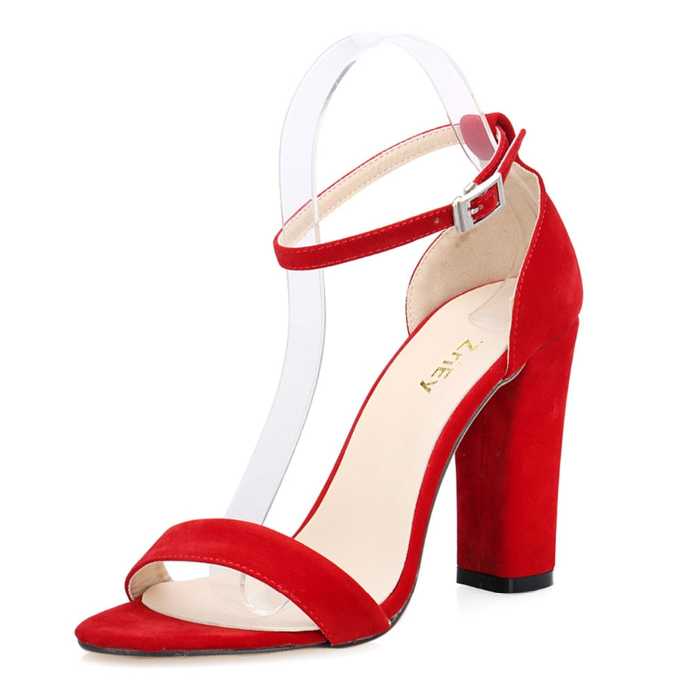 red thick heel shoes