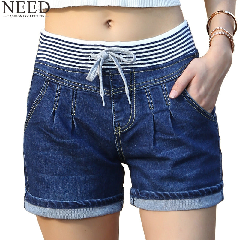 elastic waist denim shorts