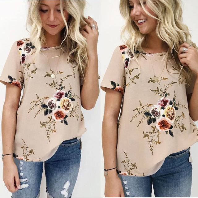 Women Summer Blouse Floral Short Sleeve 