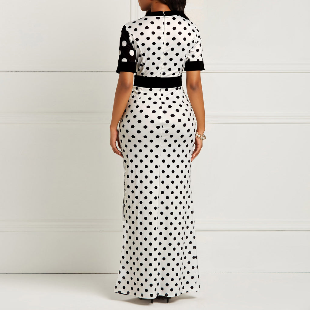 white and black polka dot maxi dress