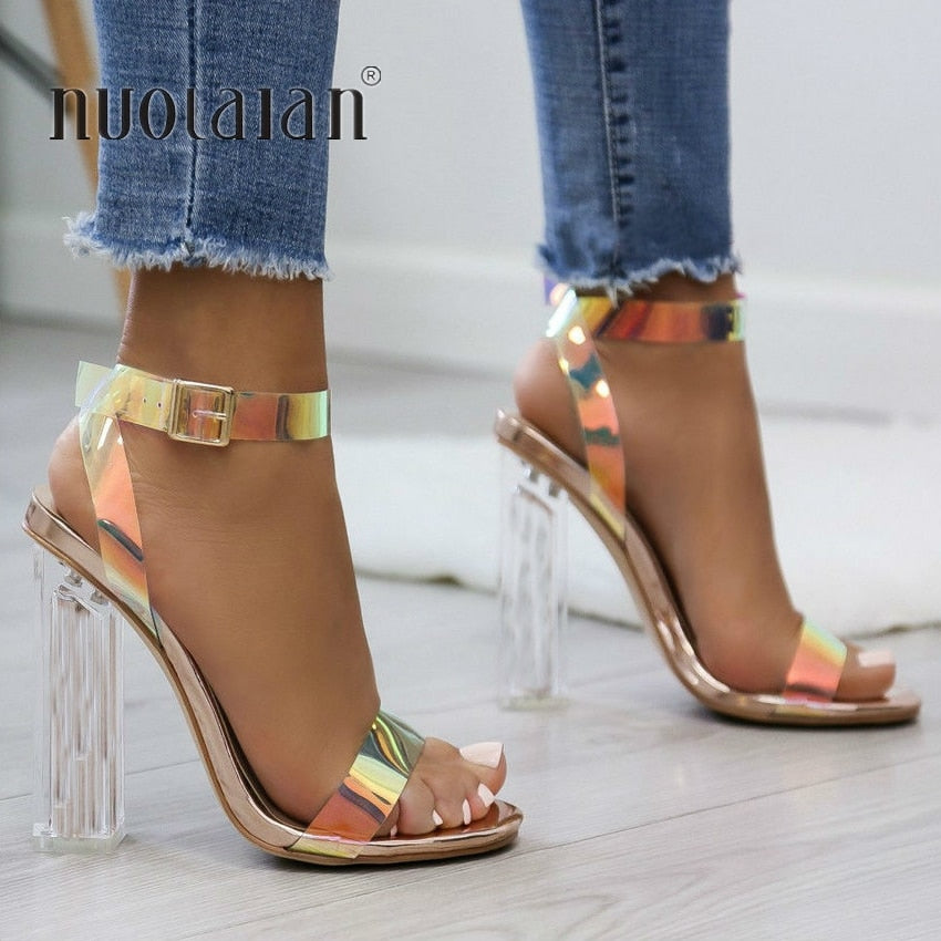 strappy clear heels