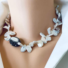 Freshwater white petal pearls necklace with Rhinestone pave spacer rings 