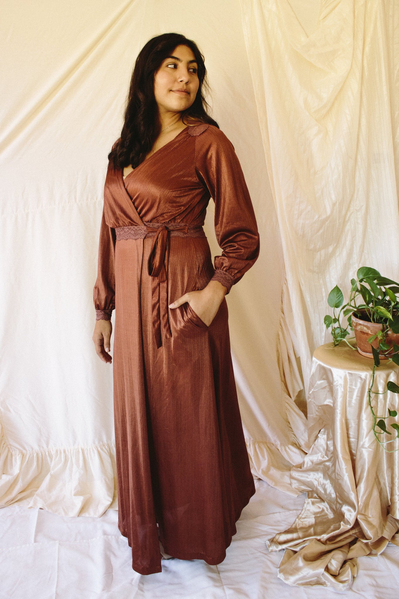 copper wrap dress