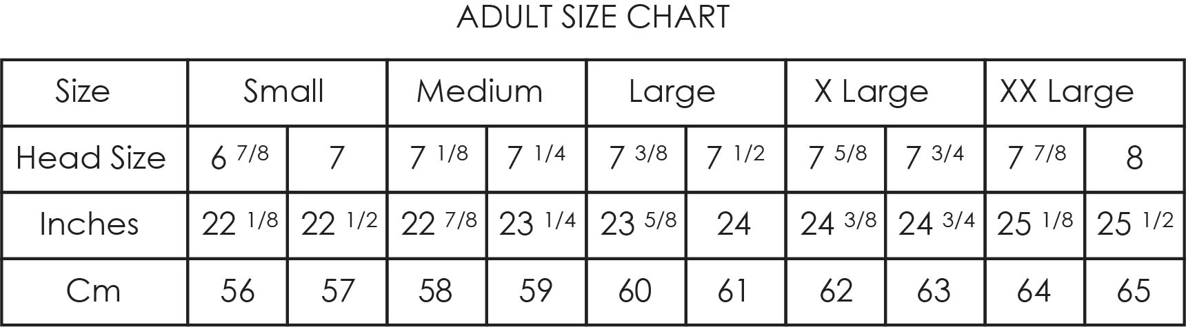 Hats and caps sizing chart