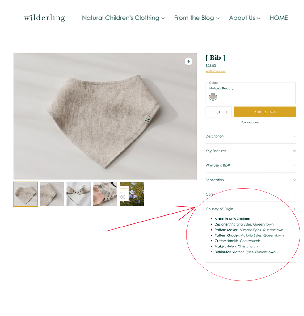 Image showing a screenshot of the product page of wilderling to demonstrate what the country of origin tab looks like