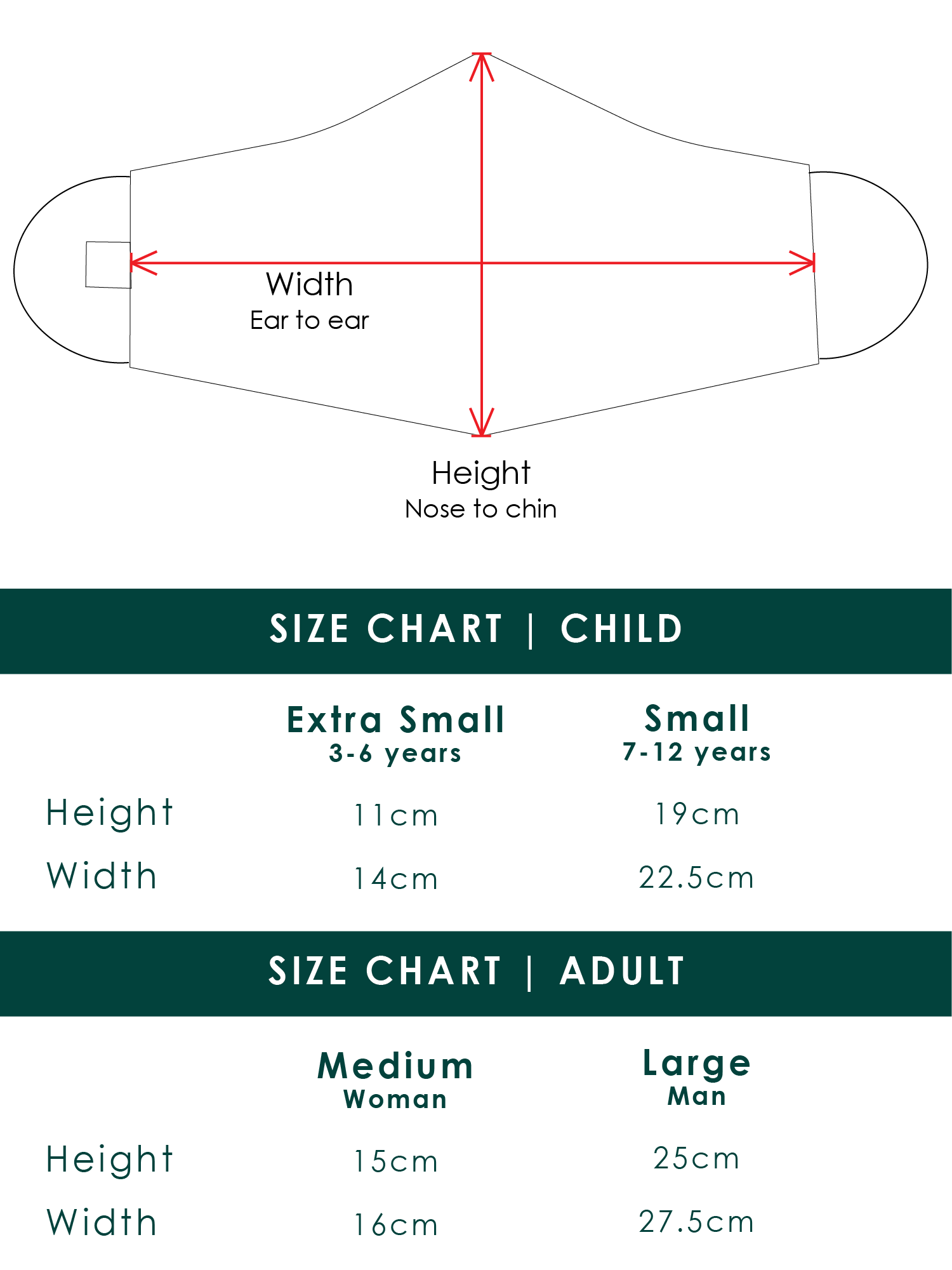 Face mask size guide for fabric masks made from natural fabrics in New Zealand. 