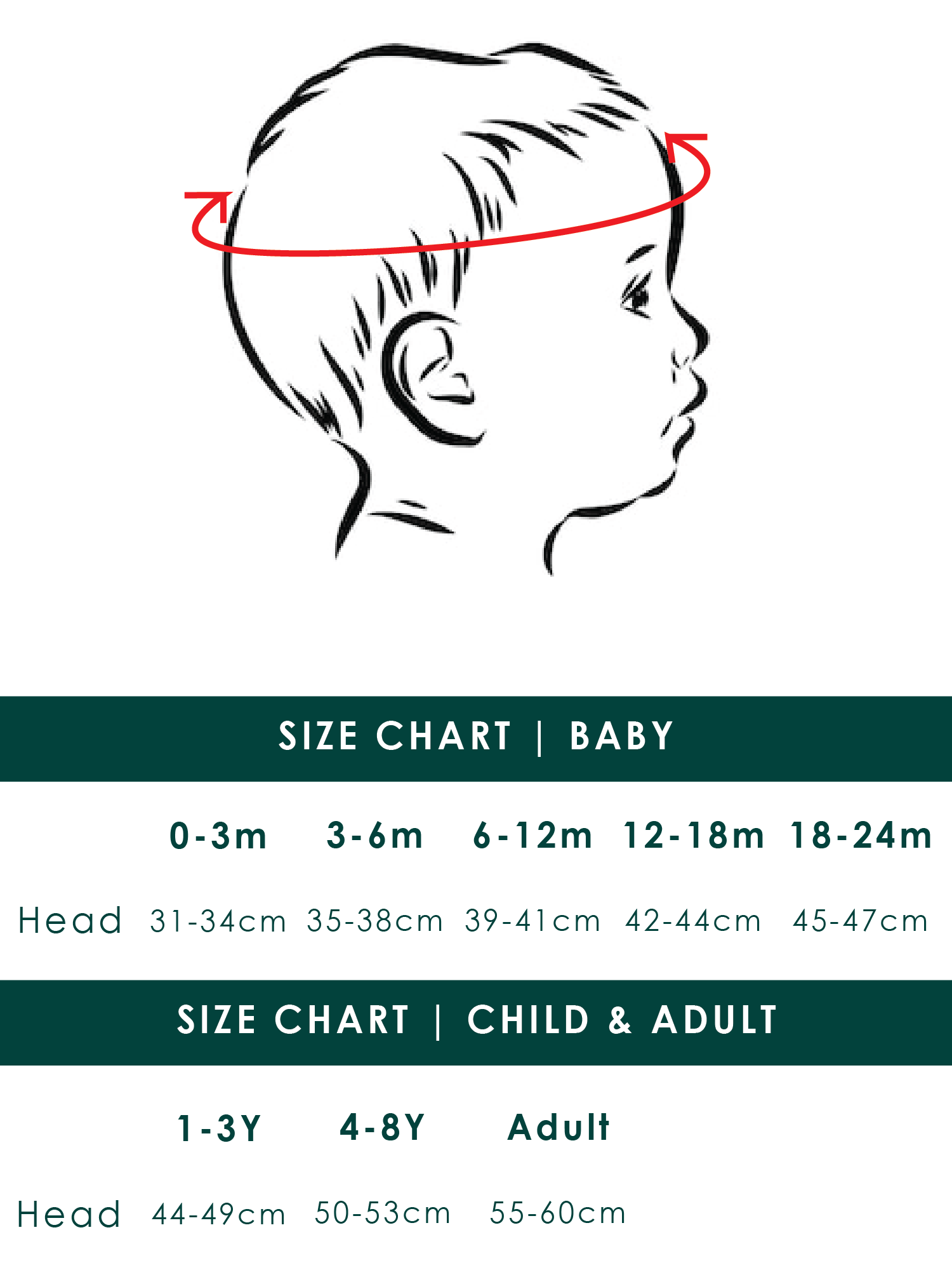 Hat size guide for Wilderling Merino hat snad sun hats and sun bonnets. For babies and children made in New Zealand.