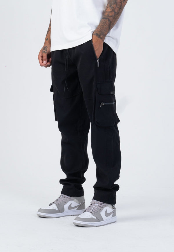 Cargo Pants Men Solid Color Black Loose Casual Jogger Pocket Elastic waist  Ankle Length Trousers