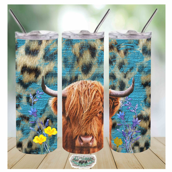 Download Highland Cow Leopard Blue Digital Image For Sublimation 20oz Skinny Tu Digital Di Signs