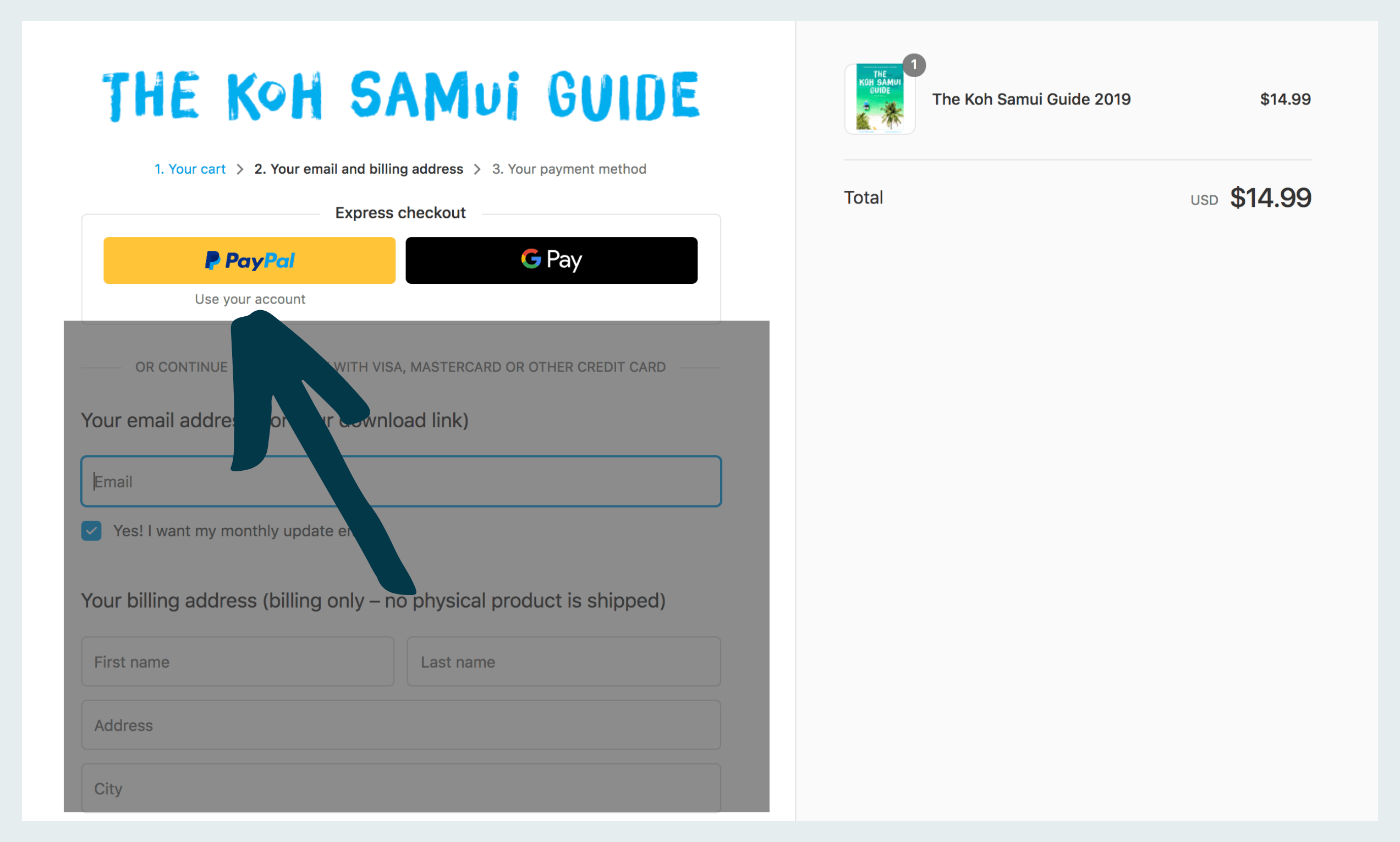 Step-by-step instructions for how to purchase The Koh Samui Guide with PayPal: Step two