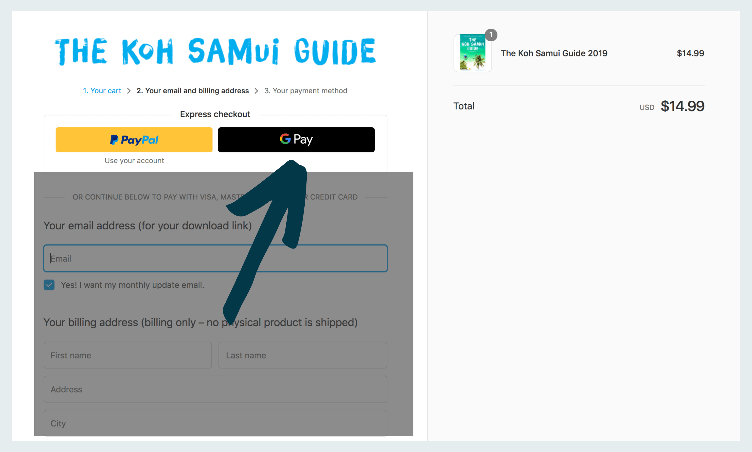 Step-by-step instructions for how to purchase The Koh Samui Guide with Apple Pay or Google Pay: Step two