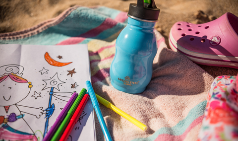 A child's drawing and stainless steel water bottle