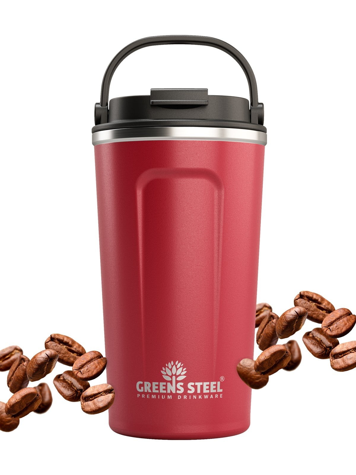 Reusable Coffee Cup with Lid and Handle - Stainless Steel Insulated Coffee Mug for Hot & Cold Drinks - 12oz & 16oz - Greens Steel product image