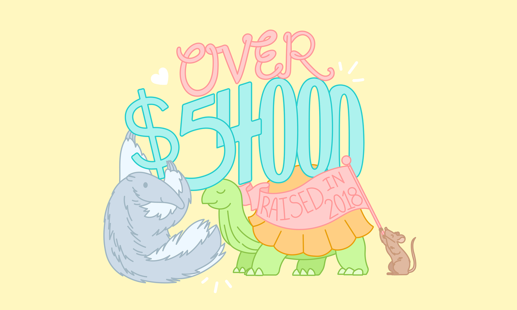 Illustration of three animals holding up text, an anteater, a turtle, and a mouse. The text says “over $54,000 raised in 2018.