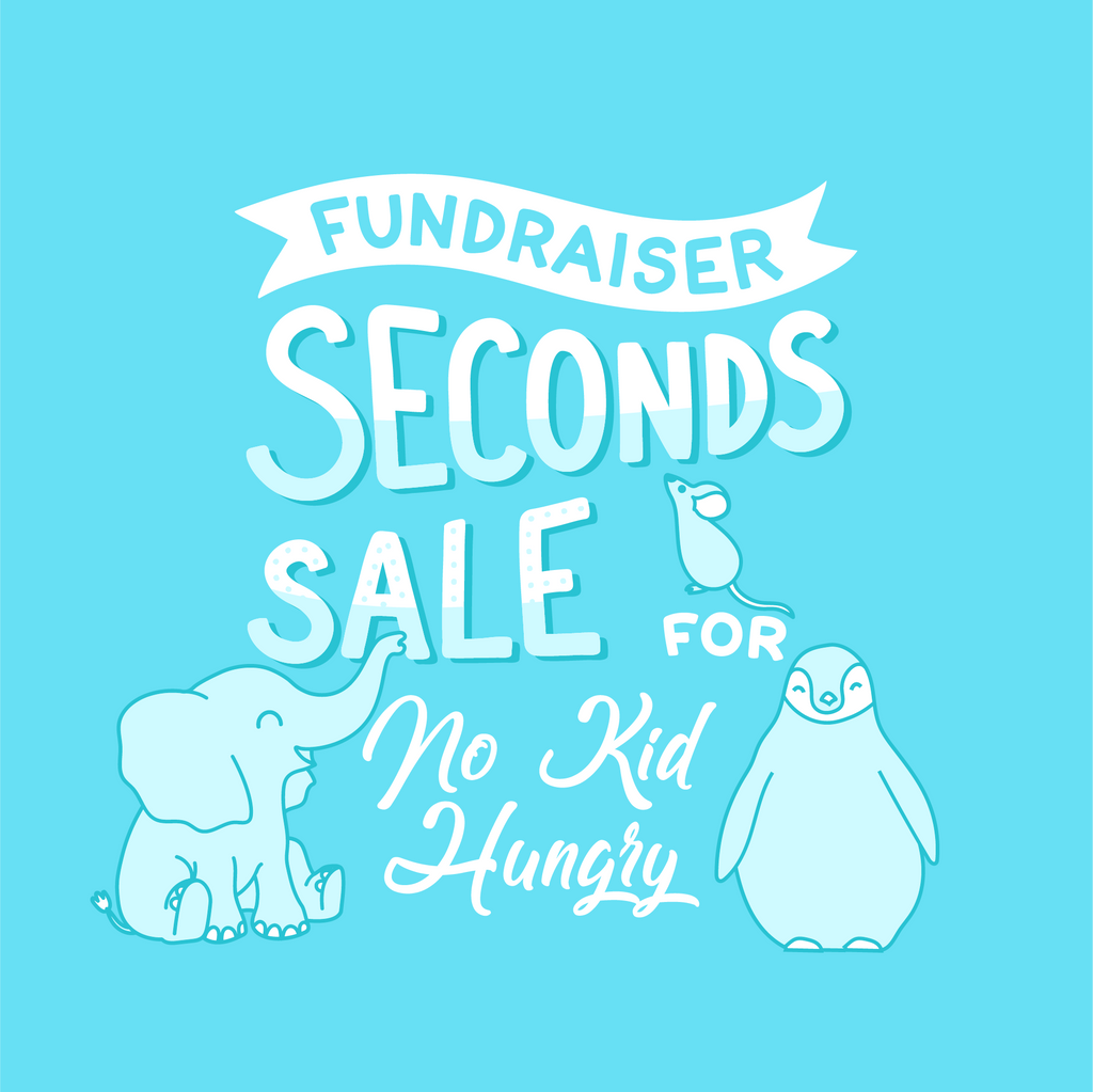blue illustration of various animals around text that reads "fundraiser seconds sale for No Kid Hungry"