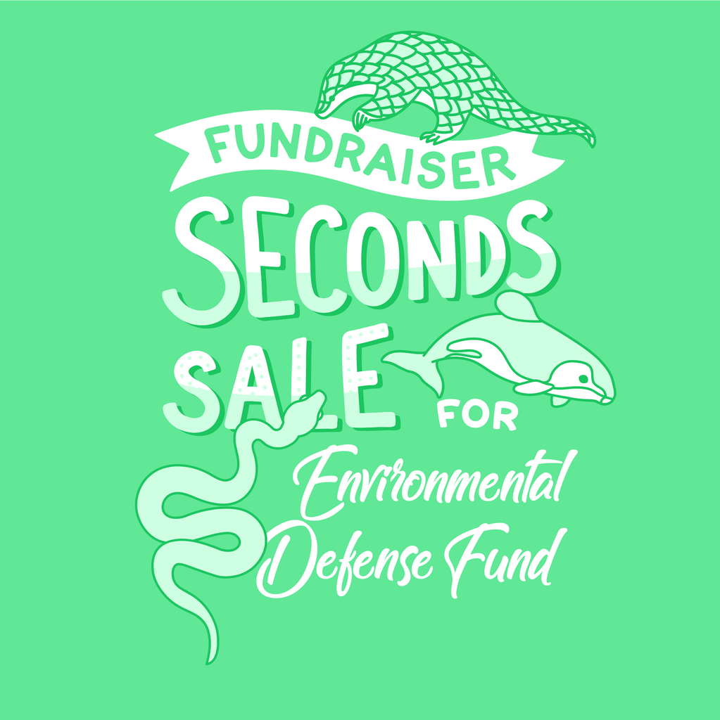 green illustration of animals around a banner that says "seconds sale for environmental defense fund"