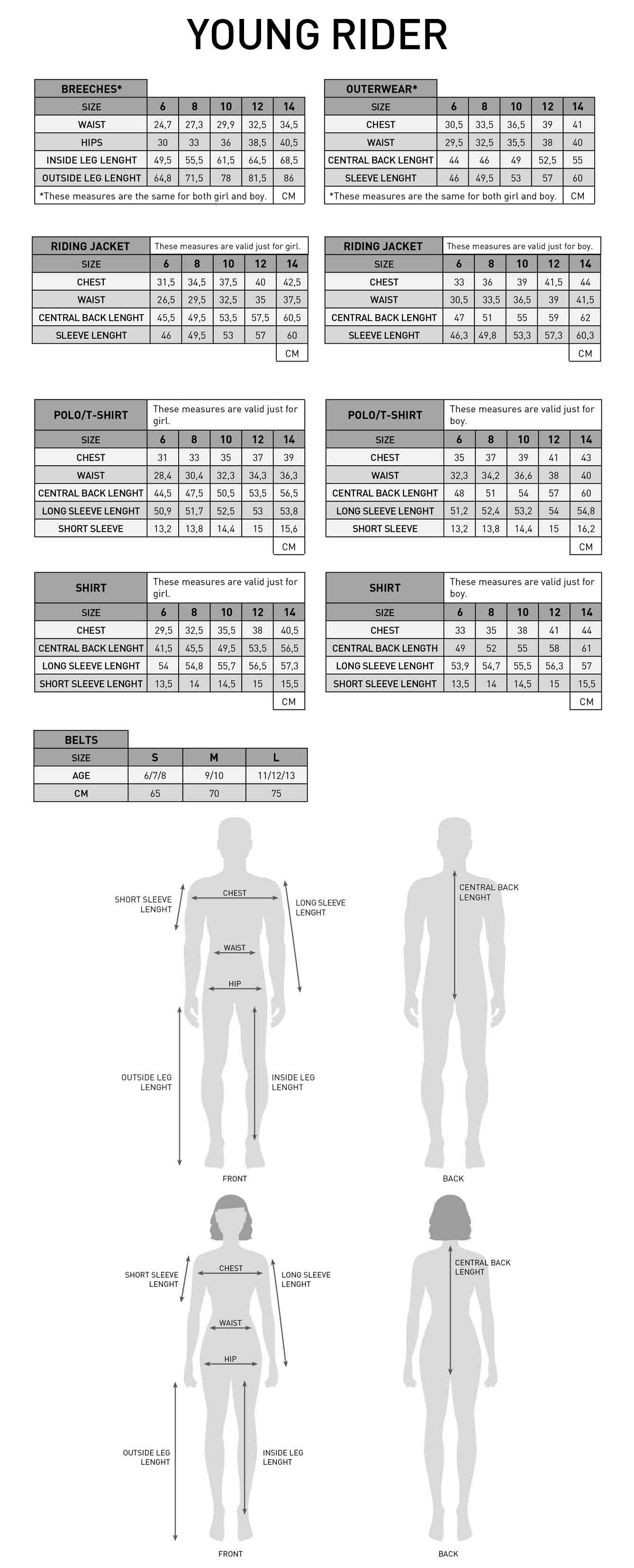 cavalleria toscana youth size chart, kids size chart, equestrian clothing kids size chart