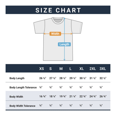 Adult Unisex Tshirt Size Chart, Flat Lay Size Chart, USA Shirt