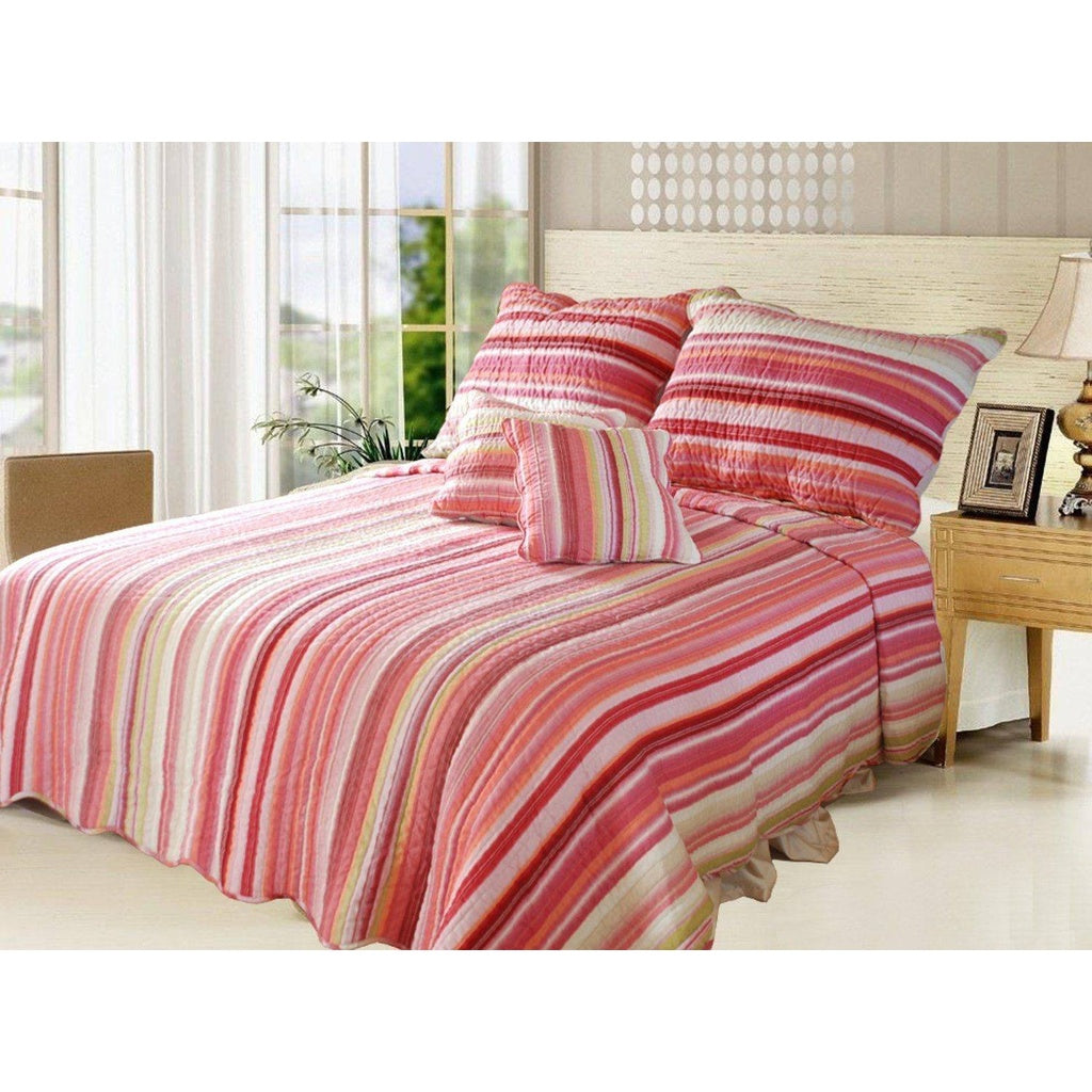 Lovely Stunning Stripes Red Pink Reversible Quilted Coverlet