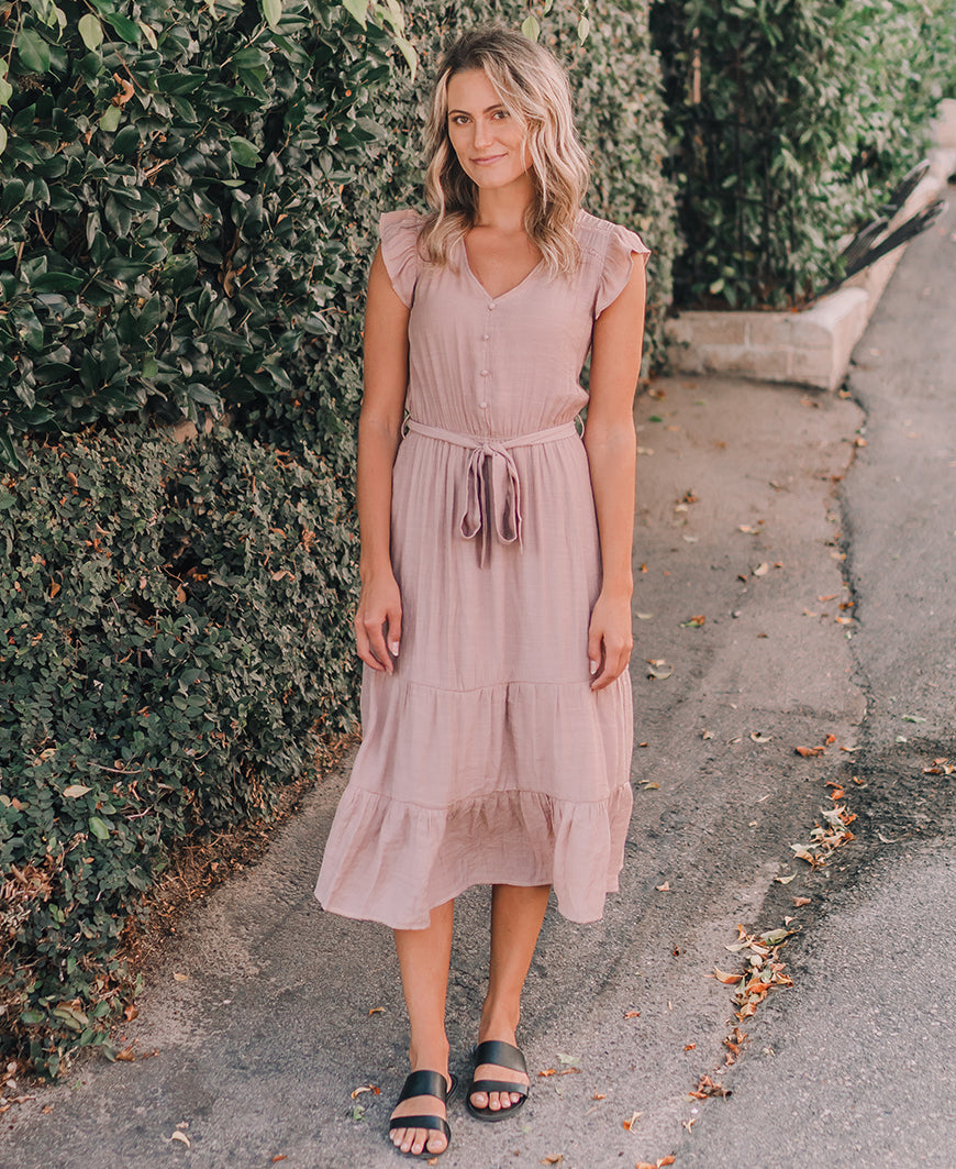 blush dress with sleeves