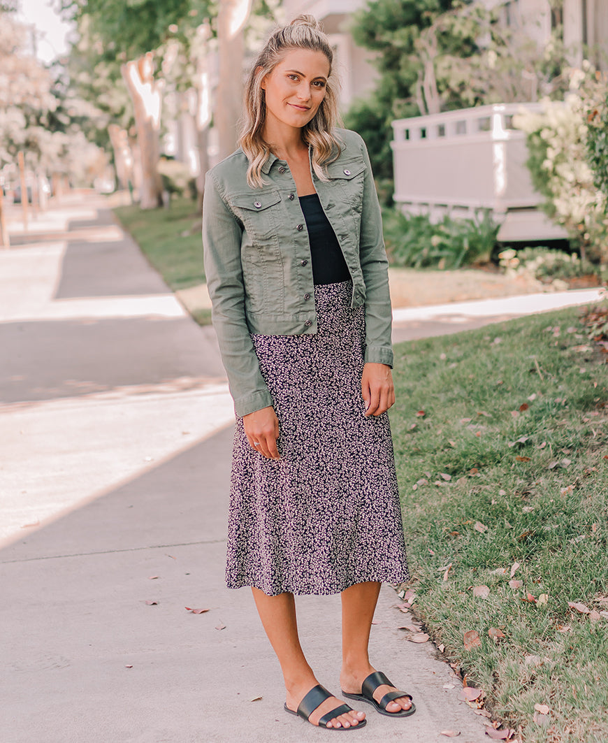olive green dress with jean jacket