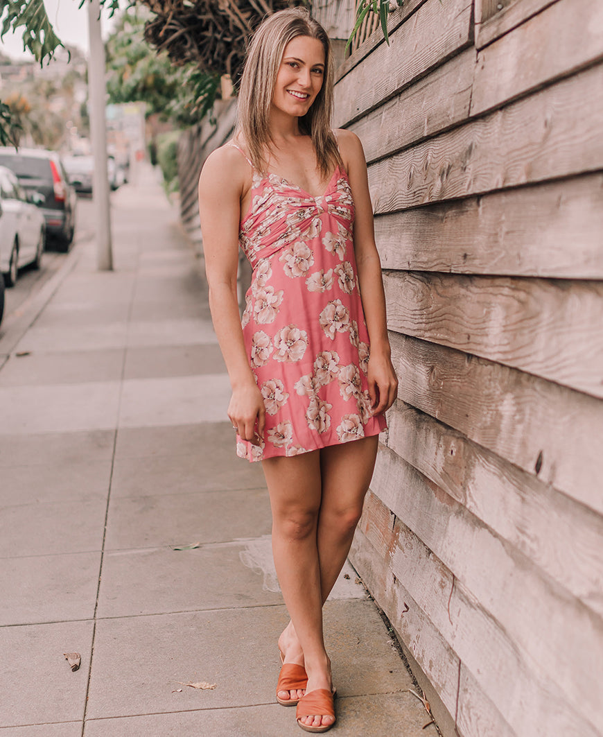 white and pink floral dress