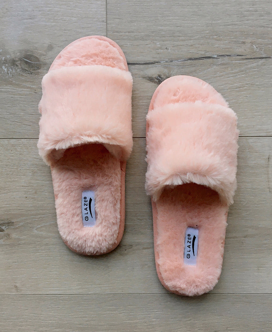 pink faux fur slides