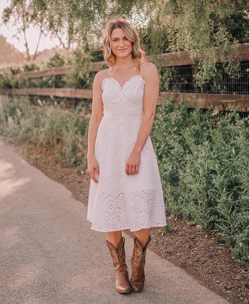 white eyelet midi dress