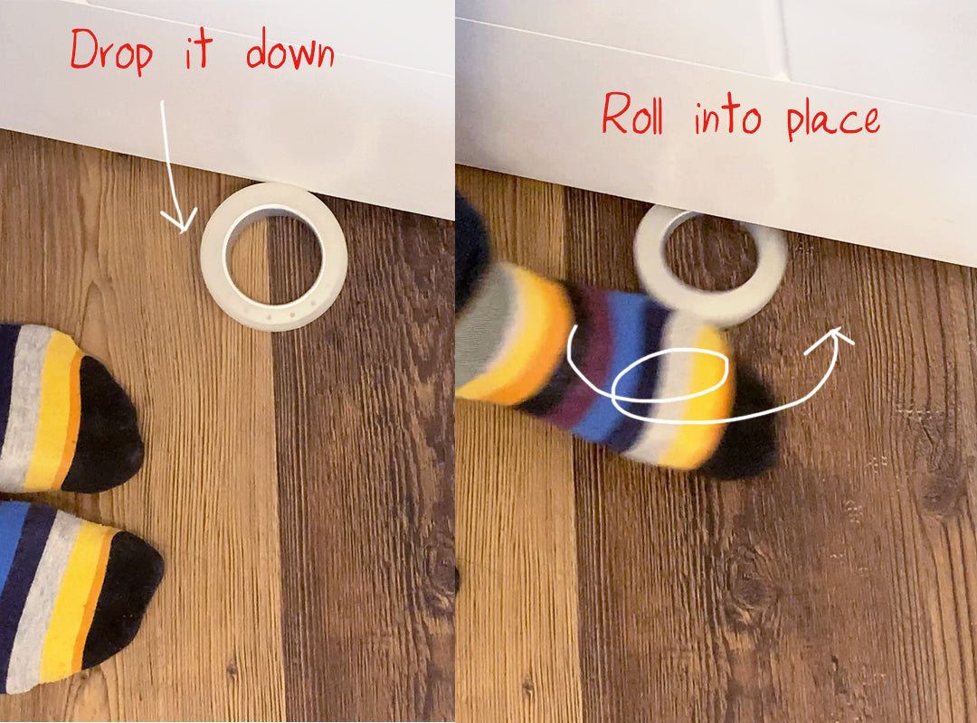 Two photographs: on of a Doree that has been dropped to the floor near the door and the other a foot in socks rolling the Doree into place to install under the door gap