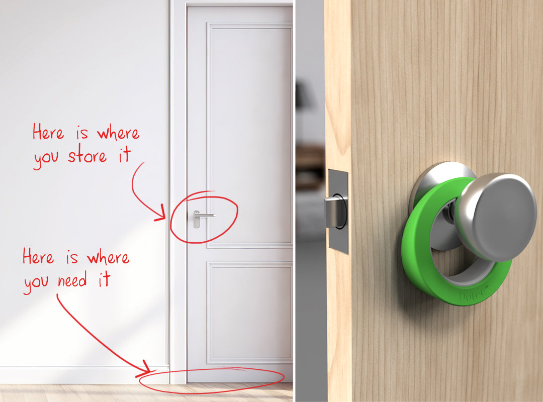 Two images: an illustration of a door and words near the handle , "here is where you store it" and words near the floor, "here is where you store it" and the second image is a photo of a green Doree™ on a knob door handle.