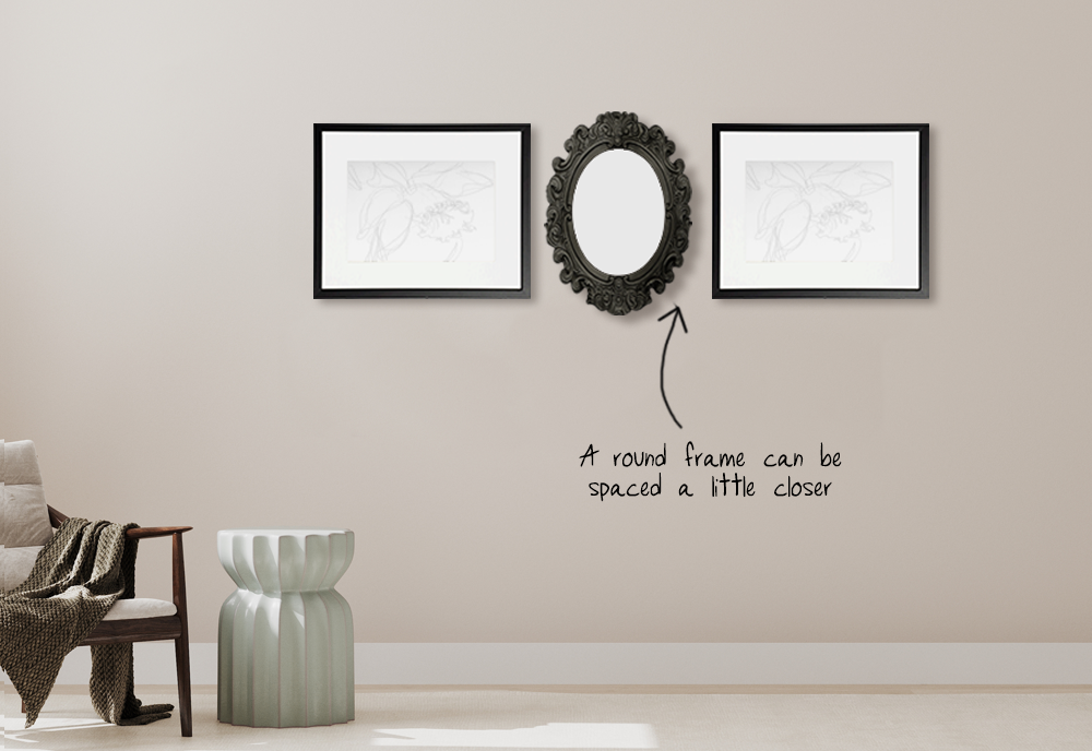 image of 2 pictures and a round mirror hung on a wall with the correct spacing