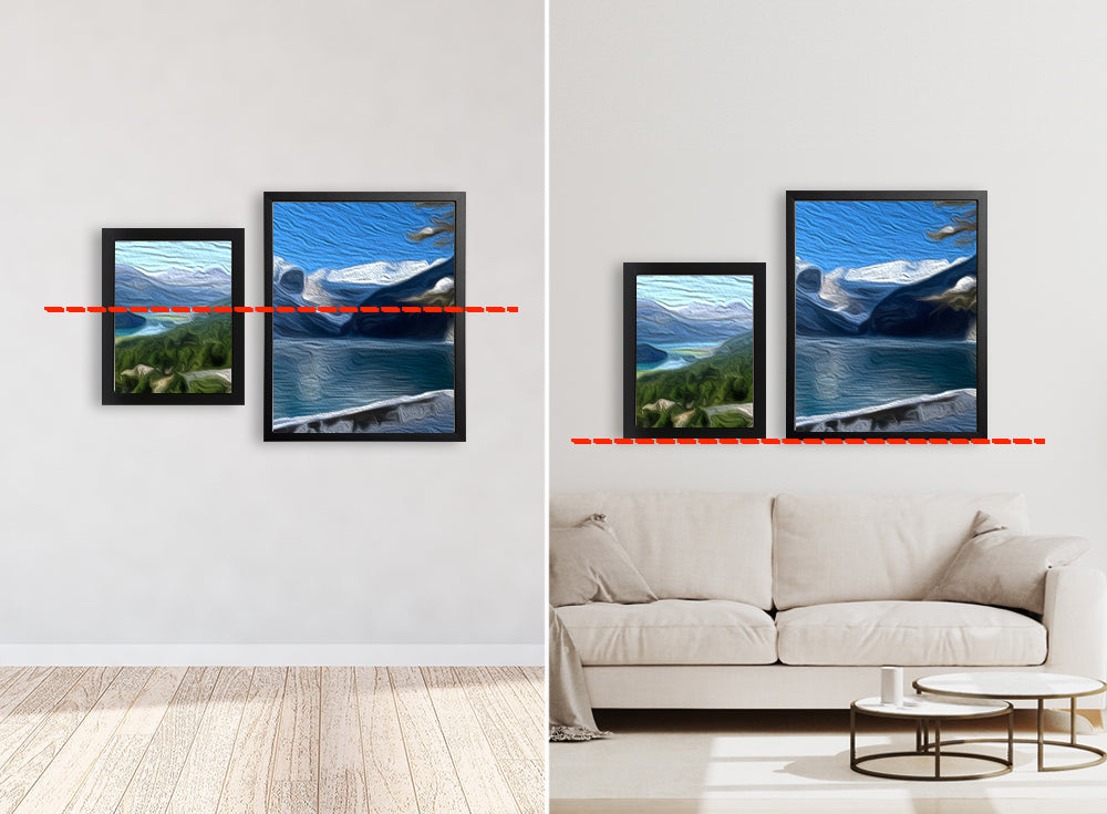 Two different scenarios showing how high to hang two pictures in different frames on a wall with and without a couch. In one picture they are centered and in the other image the bottom of the frames are aligned. 
