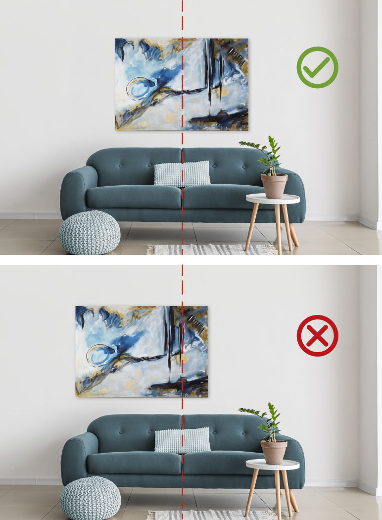 Two images of a picture hanging above a couch; one image the picture is centered over the couch and has a green check mark indicating done well; the other image has the artwork centered with the wall with a red x that indicates this is not the best way to hang the artwork