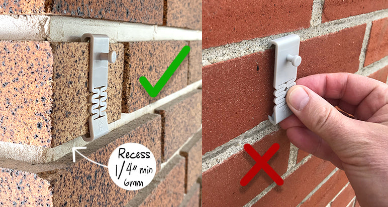 Two images of DécoBrick™ hangers installed on brick to show that the mortar must be recessed by at least 1/4" to work with the hangers.