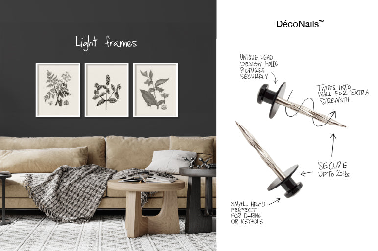 image of 3 light pictures hanging above a couch and product images of DécoNails that are specifically designed for picture hanging.
