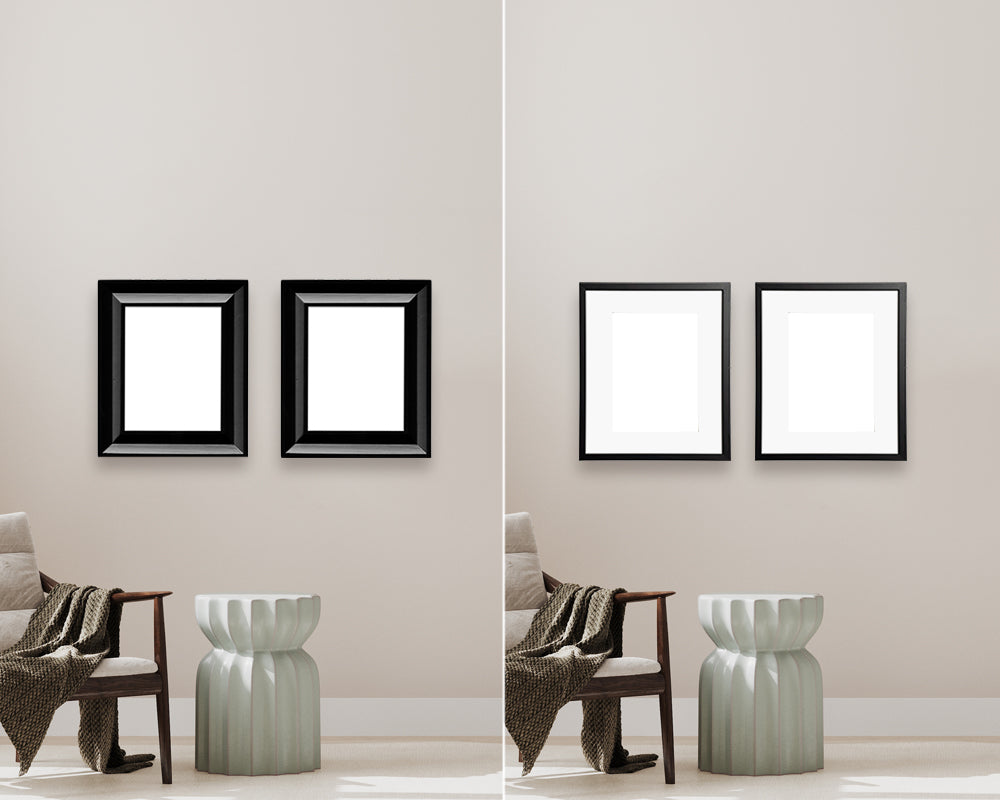 Two images side by side showing how if you are hanging only 2 frames together it is best that they match so they look balanced and cohesive