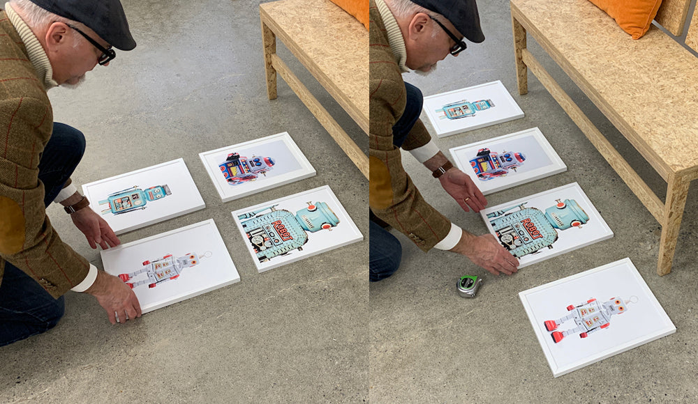 Two images showing a person arranging 4 frames of the same size into 2 different gallery arrangement 