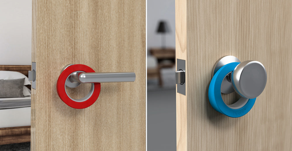 Two images showing Doree™ doorstop hanging on a lever doorknob and a round doorknob so it's ready to use for the no-bend installation