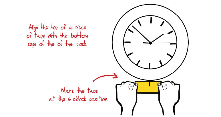 Illustrated image of a clock with someone placing painter's tape at the bottom edge of the clock and mark on the tape where the 6 is on the clock.