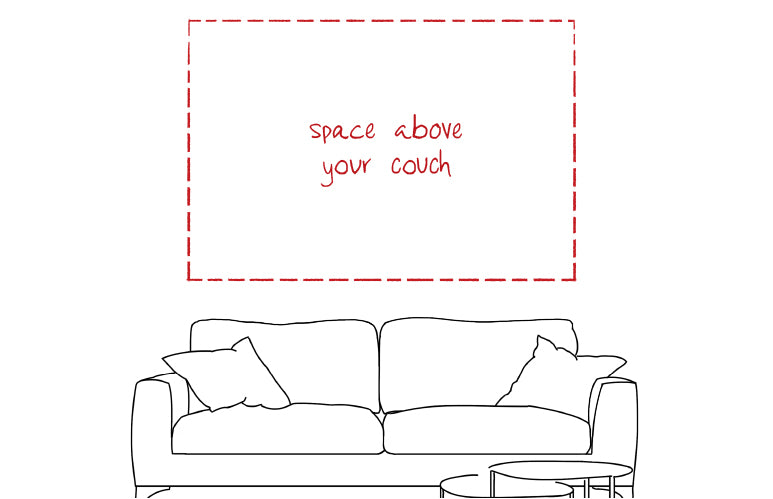Illustrated image of a couch with a red square above it to indicate this is the space available for decorating the wall