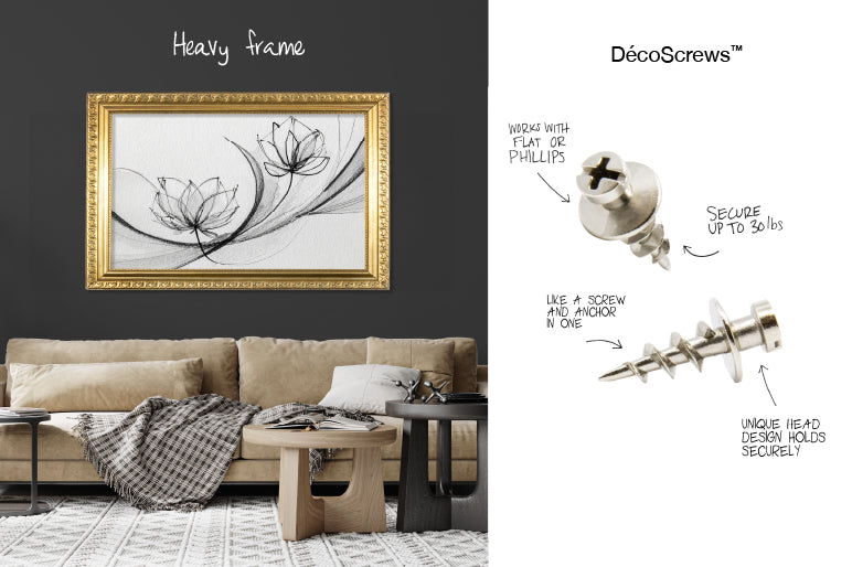 Image of a heavy picture hanging above a couch and product images of DécoScrews™ which are designed to hang heavy wall decor in drywall