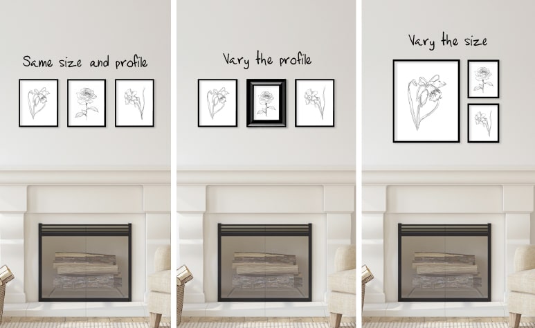 3 images of a 3-frame gallery hanging above a fireplace, with each one demonstrating a different way to create harmony in the gallery by using the same and different frame sizes and styles.