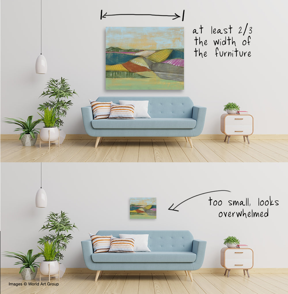 Two images showing different sizes of abstract art above a couch. One is too small and the other creates a balanced look because it is at least 2/3 of the lenth of the furniture.