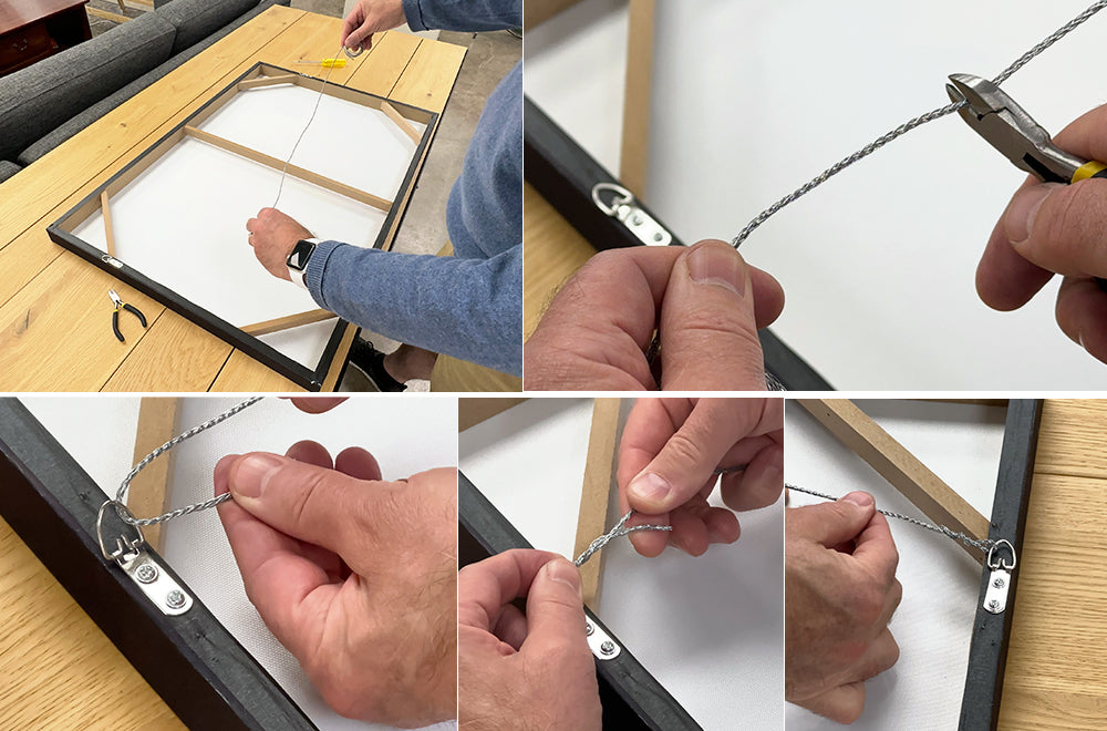 A collage of close up images showing how to attached picture wire to d-rings already installed on canvas art.