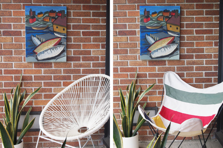 two photographs showing using DécoBrick™ hangers to display artwork